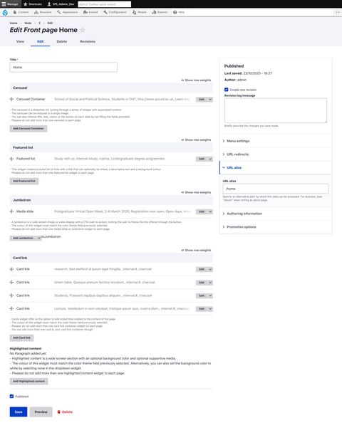 The SPS landing page on edit mode.