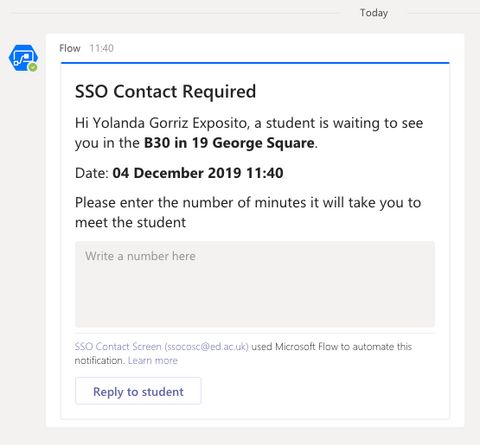 Card received by staff via MS Teams when student contacts them.